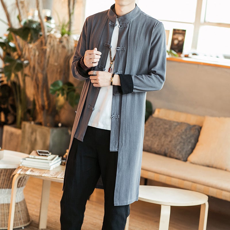 Chinese Style Large Size Autumn Chinese Cotton And Linen Mid-Length Windbreaker Men'S Fake Two-Piece Hanfu Jacket Casual Cardigan Men'S - Image 1