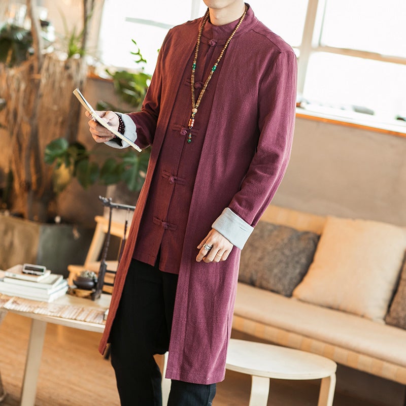 Chinese Style Large Size Autumn Chinese Cotton And Linen Mid-Length Windbreaker Men'S Fake Two-Piece Hanfu Jacket Casual Cardigan Men'S - Image 5