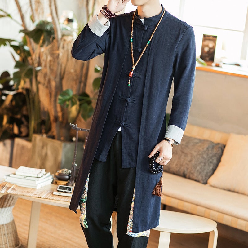 Chinese Style Large Size Autumn Chinese Cotton And Linen Mid-Length Windbreaker Men'S Fake Two-Piece Hanfu Jacket Casual Cardigan Men'S - Image 4