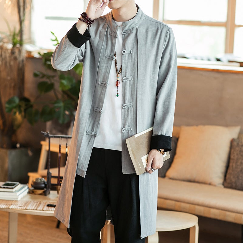 Chinese Style Large Size Autumn Chinese Cotton And Linen Mid-Length Windbreaker Men'S Fake Two-Piece Hanfu Jacket Casual Cardigan Men'S - Image 3