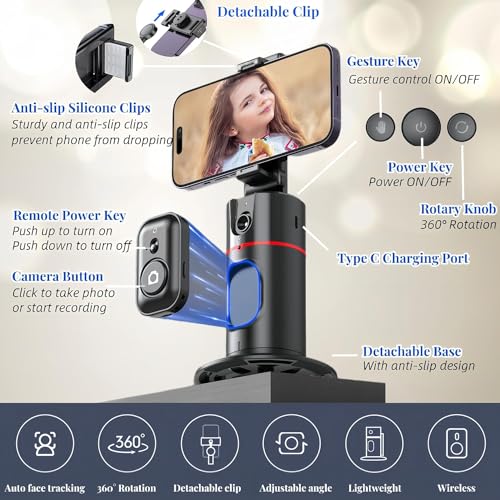 ADZOY Professional P02 Auto Face Tracking Tripod Desktop Gimbal, 360° Rotation Phone Holder Body Track Camera Mount with Remote, No App, Gesture Control, Moving Tripod for Vlog Live Streaming - Image 5