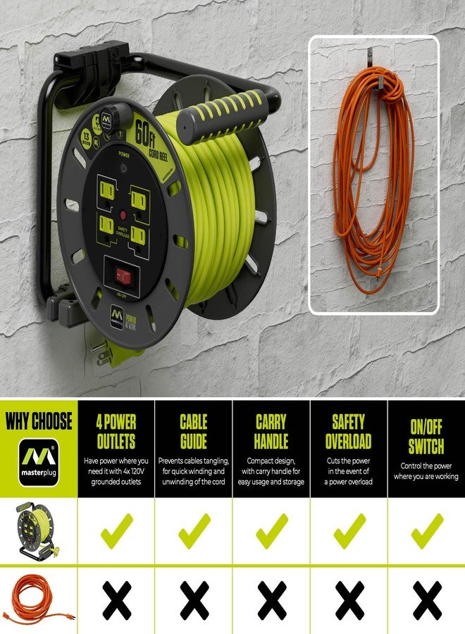 Masterplug 60ft Cord Reel, Retractable Extension Lead with Winding Handle, Safety Overload Circuit Breaker and Power Switch, 4X Grounded Outlets, 13amps, 14AWG Cable - Image 5