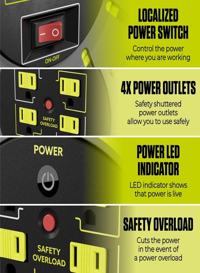 Masterplug 60ft Cord Reel, Retractable Extension Lead with Winding Handle, Safety Overload Circuit Breaker and Power Switch, 4X Grounded Outlets, 13amps, 14AWG Cable - Image 2