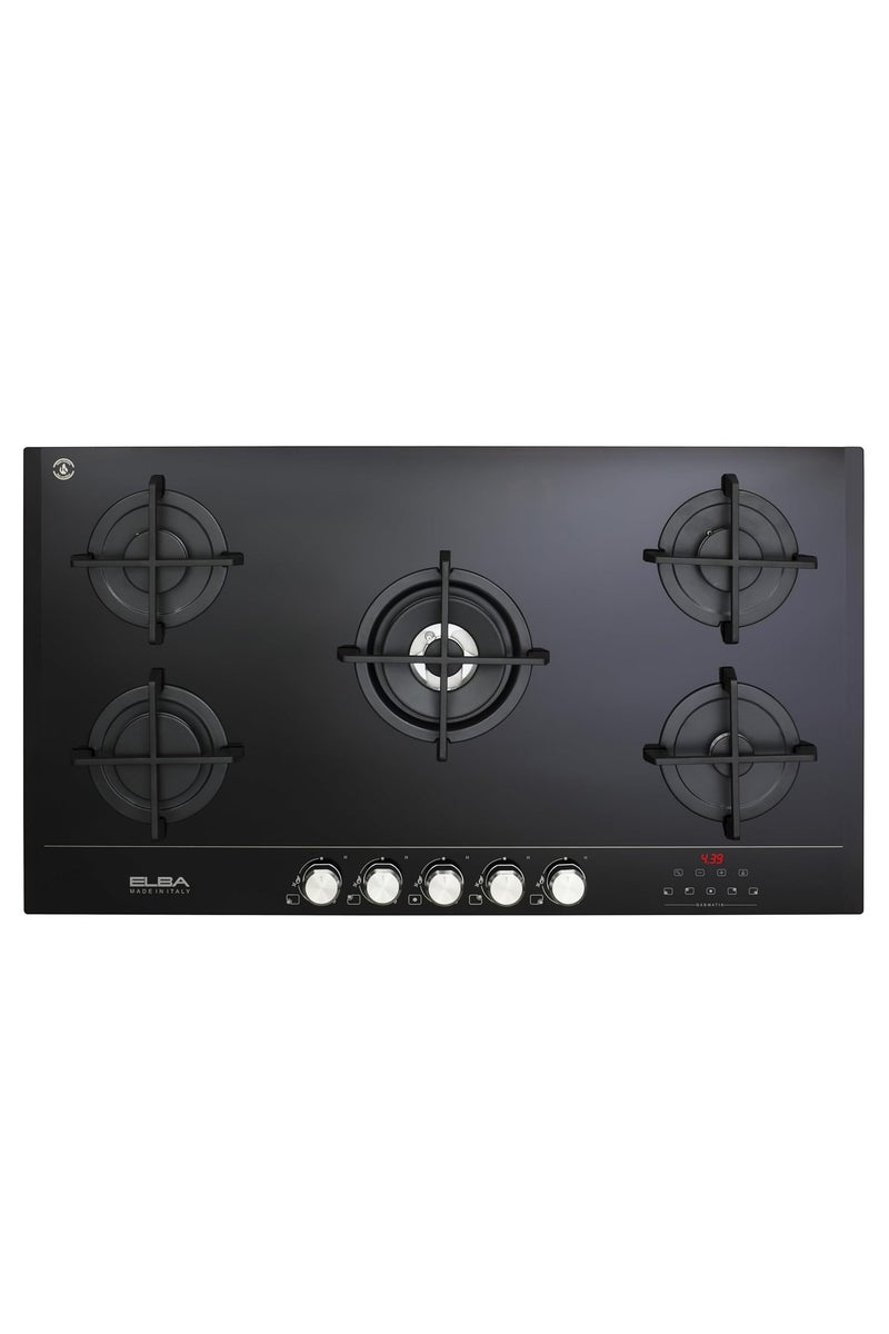 إل با - موقد غاز زجاجي سيراميكي 90 سم بخمس مناطق - موقد ثلاثي الحلقة - أزرار + تحكم باللمس - إشعال إلكتروني - شاشة توقيت رقمية - أجهزة أمان + مؤشرات - تقنية إيطالية