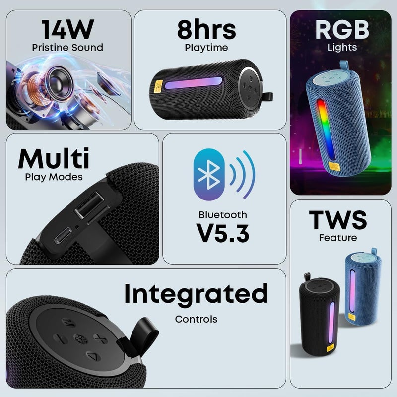 PTron Fusion Buzz 14W Bluetooth Speaker with Pristine Sound, 8hrs Playback, Rhythmic RGB LEDs, Multi-Play Modes BT5.3/TF Card/USB, TWS Feature, Integrated Button Controls, Type-C Charging (Blue) - Image 2