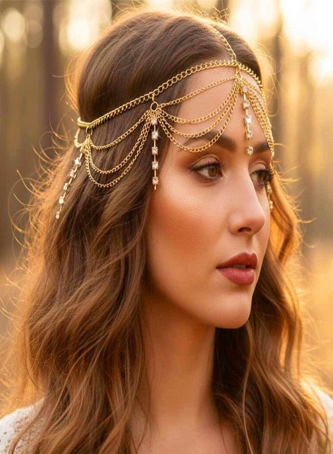 أوكملا سلسلة رأس أوكملا بوهو، طوق رأس ذهبي مرصع بأحجار الراين، عصابات رأس متعددة الطبقات للجبهة للنساء (ذهبي، مقاس واحد) - Image 3