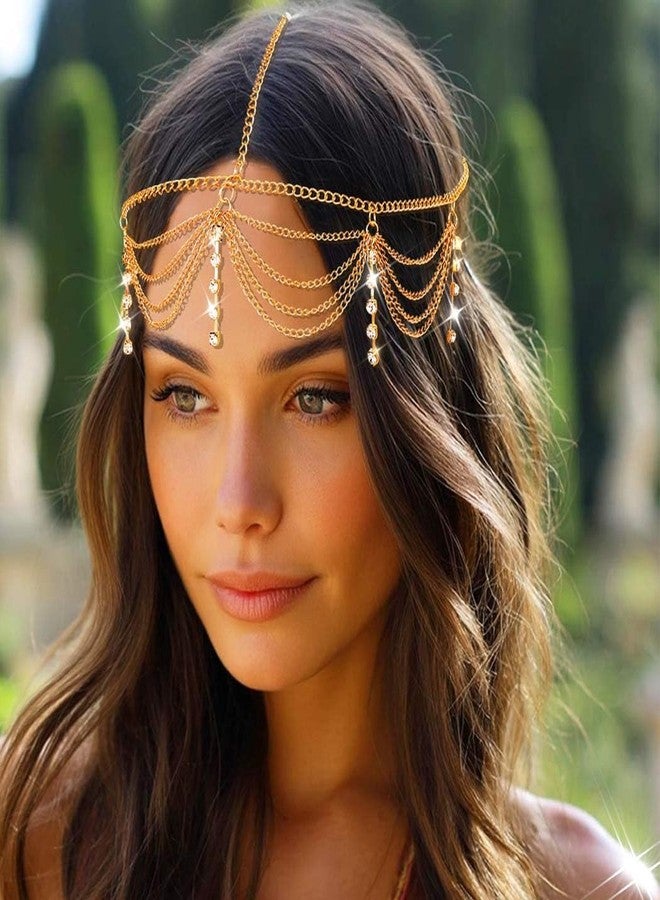 أوكملا سلسلة رأس أوكملا بوهو، طوق رأس ذهبي مرصع بأحجار الراين، عصابات رأس متعددة الطبقات للجبهة للنساء (ذهبي، مقاس واحد) - Image 5