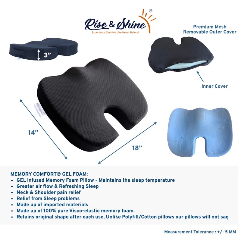 Rise & Shine Rise Shine Coccyx Orthopaedic Seat Cushion Gel Infused Memory Foam for Tailbone Lower Back Pain Relief 18x14x3 Black - Image 2