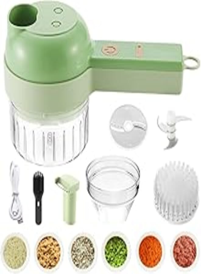 4 in 1 Handheld Electric Vegetable Cutter Set Portable Wireless Garlic Mud Masher Garlic Press and Slicer Set Multifunctional Electric Mini Food Processor with Brush for Ginger Peppers Onions Garlic 