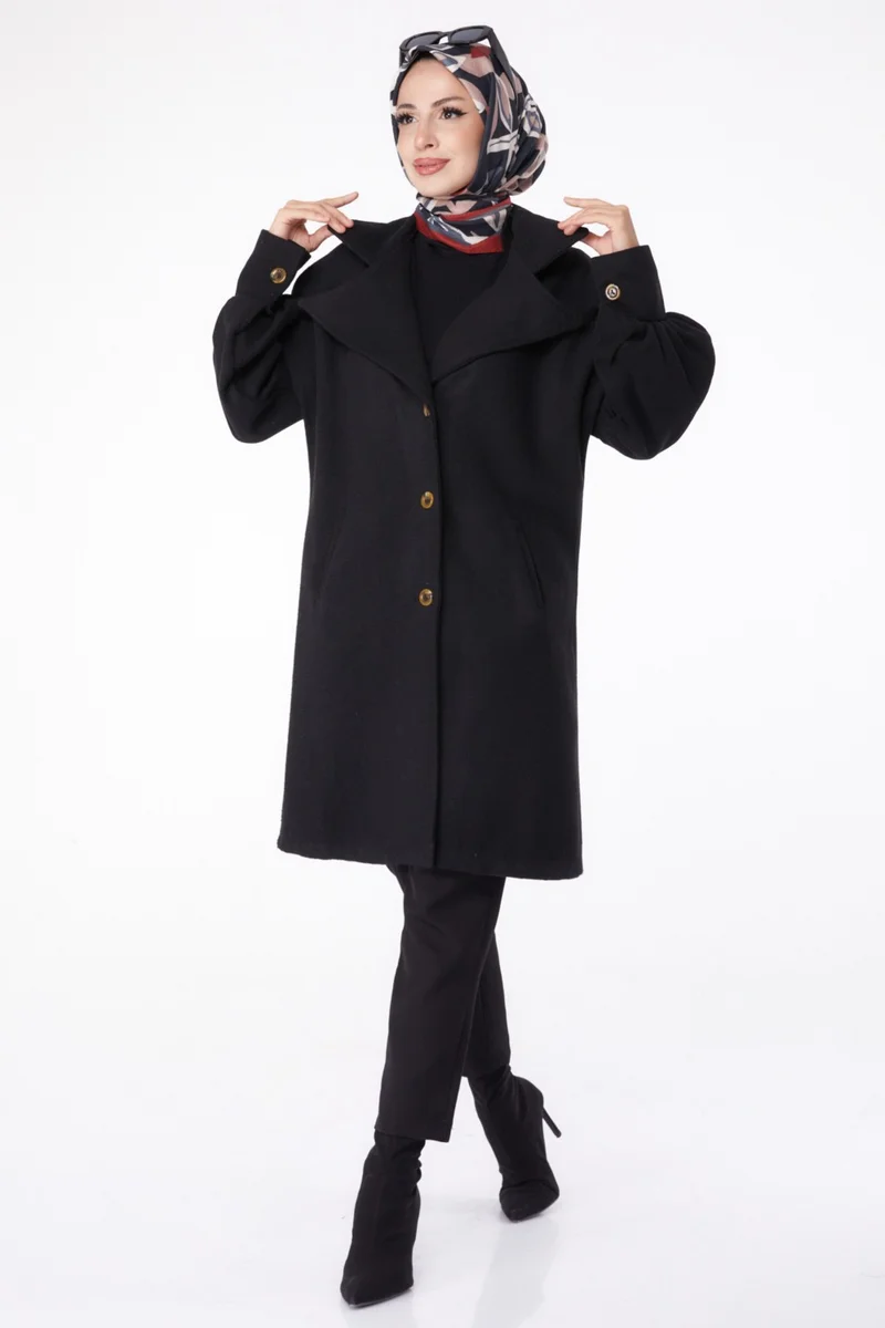 Tofisa Plain Double Breasted Women's Black Cashmere Coat - 13289