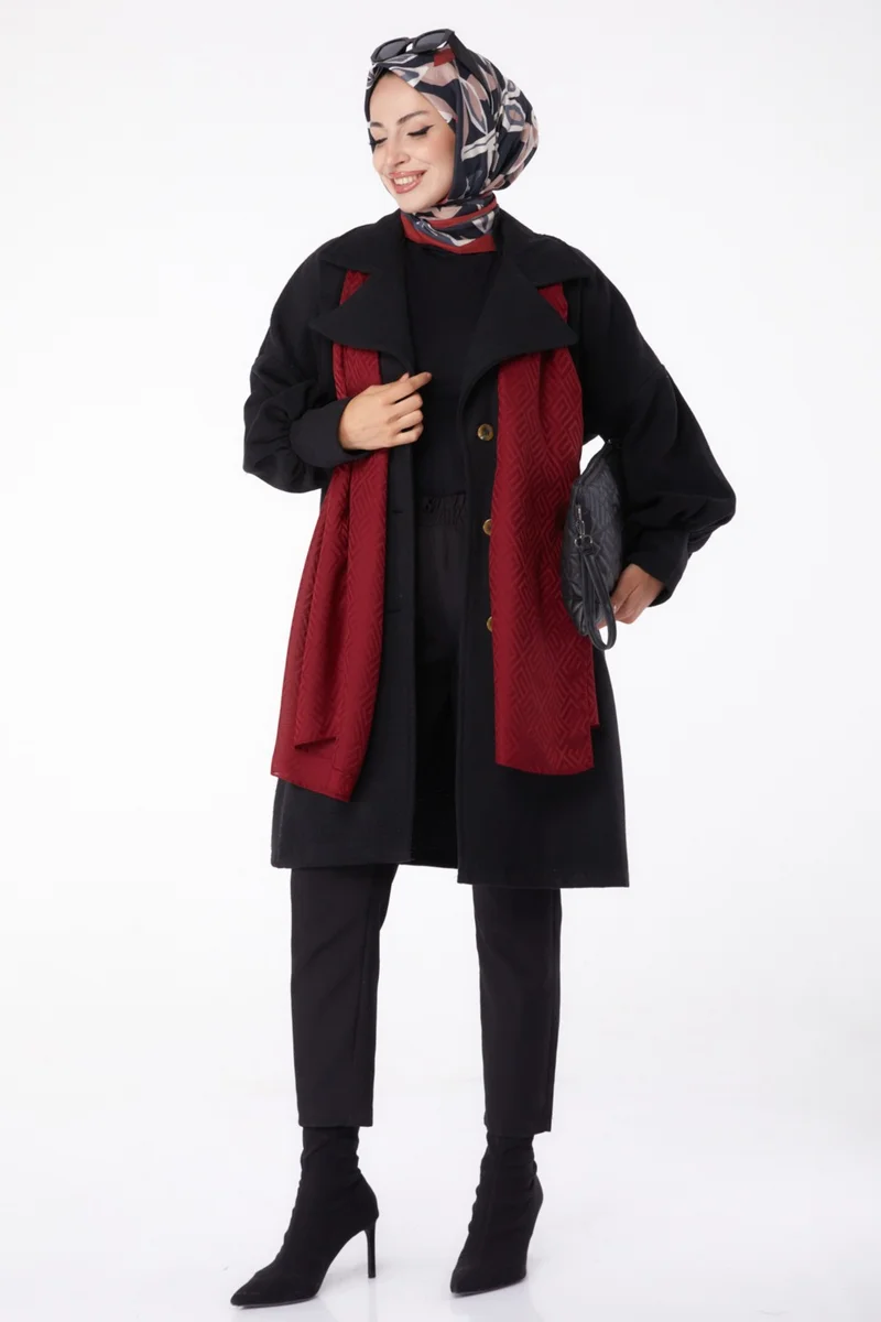 Tofisa Plain Double Breasted Women's Black Cashmere Coat - 13289