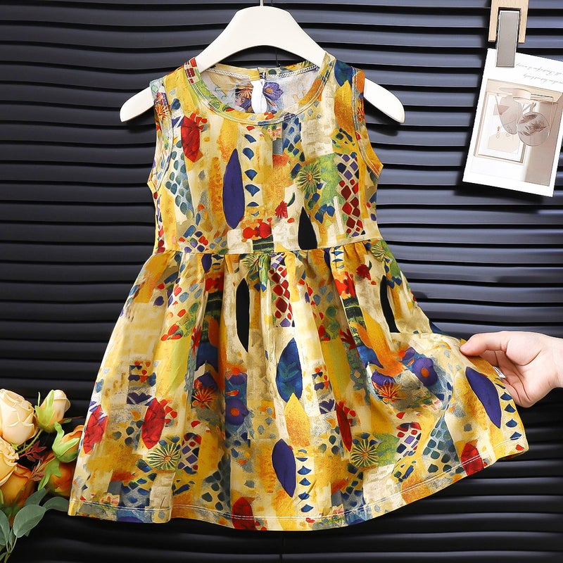 Girls' Cartoon Print A-Line Dress, Cute and Versatile for Toddlers