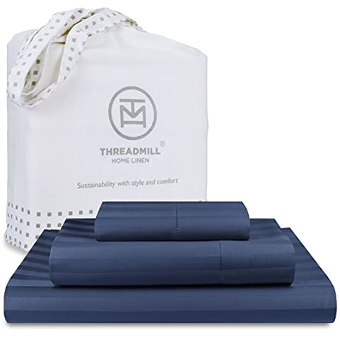 500 THREAD COUNT TWIN SIZE DAMASK STRIPE 3 PC LUXURY COTTON BEDDING SET BREATHABLE FOLKSTONE BLUE SHEETS WITH 15 ELASTICIZED DEEP POCKET 1 PILLOWCASE FREE TOTE BAG