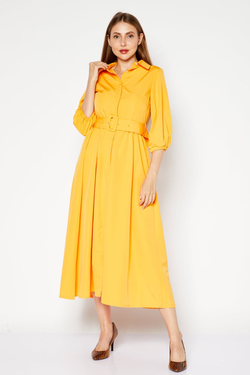 NA-KD Women Pointed Collar Elbow Sleeve Solid Belted Midi Dress, Orange - Image 1