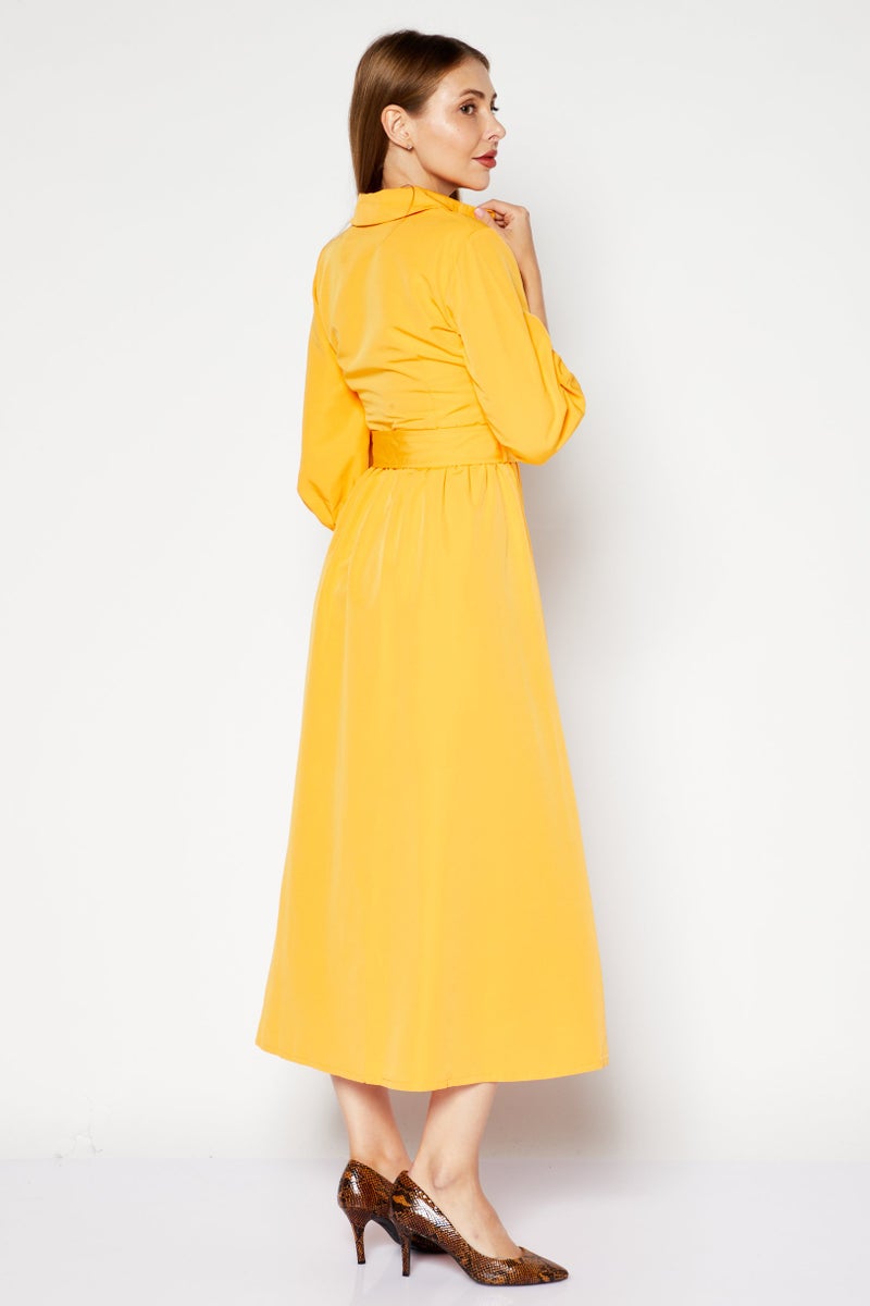 NA-KD Women Pointed Collar Elbow Sleeve Solid Belted Midi Dress, Orange - Image 3