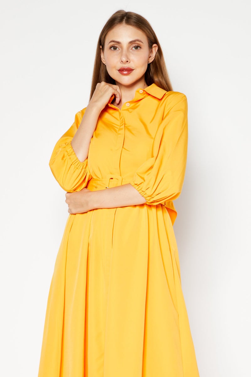 NA-KD Women Pointed Collar Elbow Sleeve Solid Belted Midi Dress, Orange - Image 4