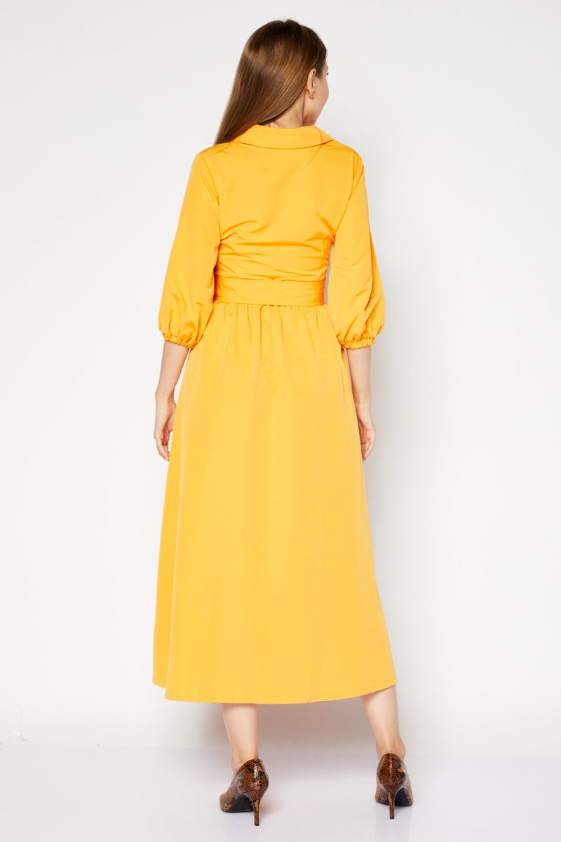 NA-KD Women Pointed Collar Elbow Sleeve Solid Belted Midi Dress, Orange - Image 4