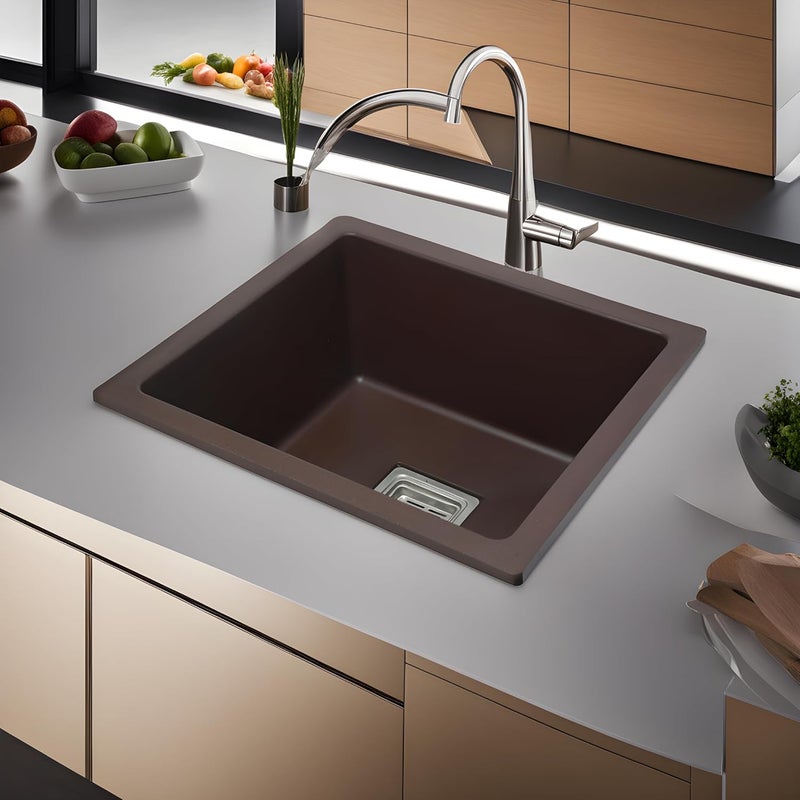 REMOTION Granite Quartz Single Bowl Kitchen Sink With Drain Board Drain Rack and PVC Waste PipeFlushmountUndermountTop Mounted Kitchen Sink Matte Brown 16 x 18 x 9 Inch - Image 1