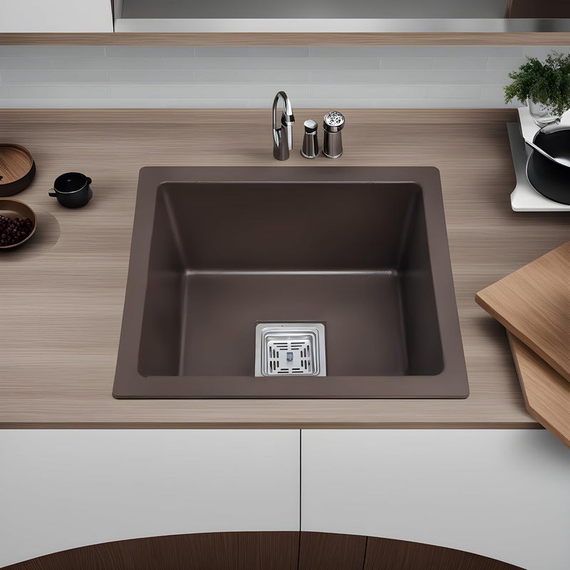 REMOTION Granite Quartz Single Bowl Kitchen Sink With Drain Board Drain Rack and PVC Waste PipeFlushmountUndermountTop Mounted Kitchen Sink Matte Brown 16 x 18 x 9 Inch - Image 3
