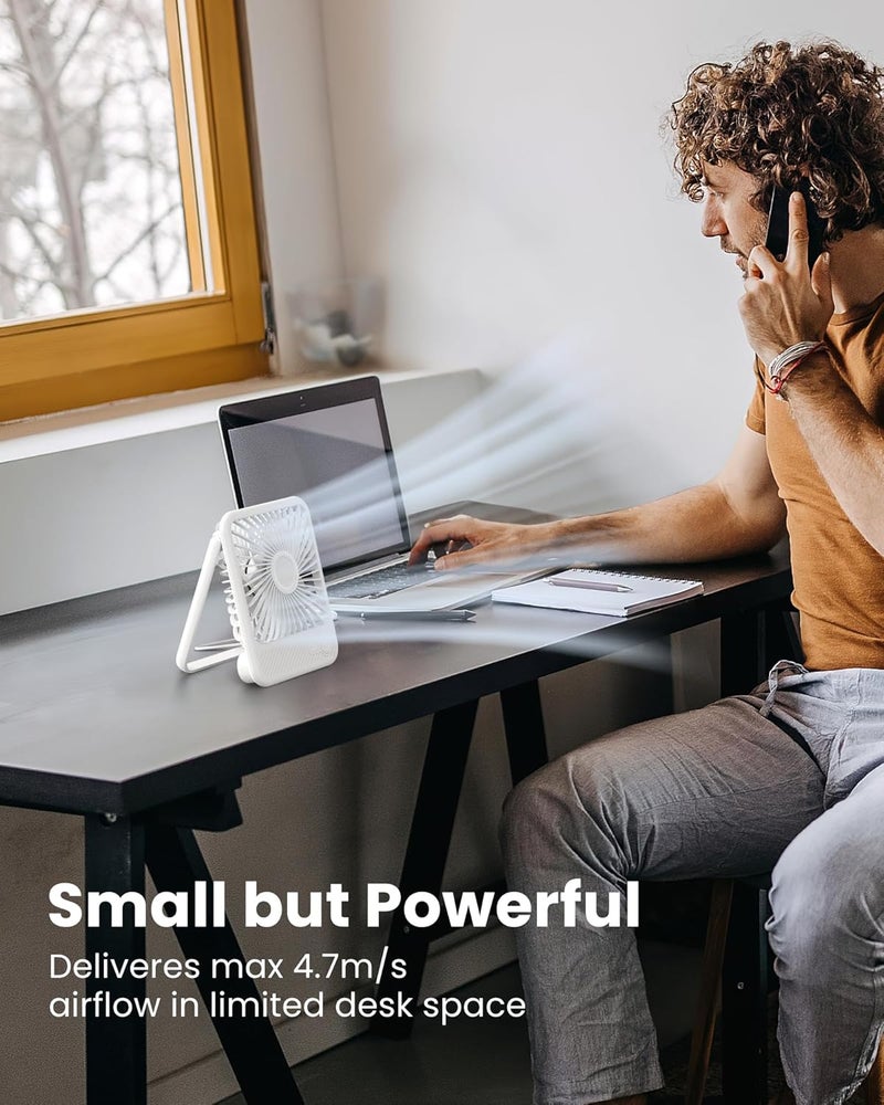 Koonie USB Desk Fan, Strong Wind Ultra Quiet Small Personal Fan with 180° Tilt Folding and 3 Speeds Adjustable, USB-C Corded Powered Mini USB Fan for Office Desktop Bedroom White - Image 2
