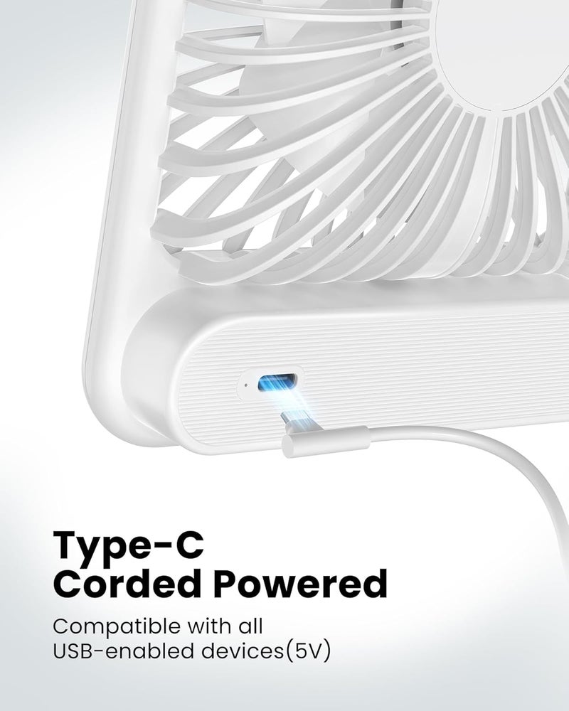 Koonie USB Desk Fan, Strong Wind Ultra Quiet Small Personal Fan with 180° Tilt Folding and 3 Speeds Adjustable, USB-C Corded Powered Mini USB Fan for Office Desktop Bedroom White - Image 4