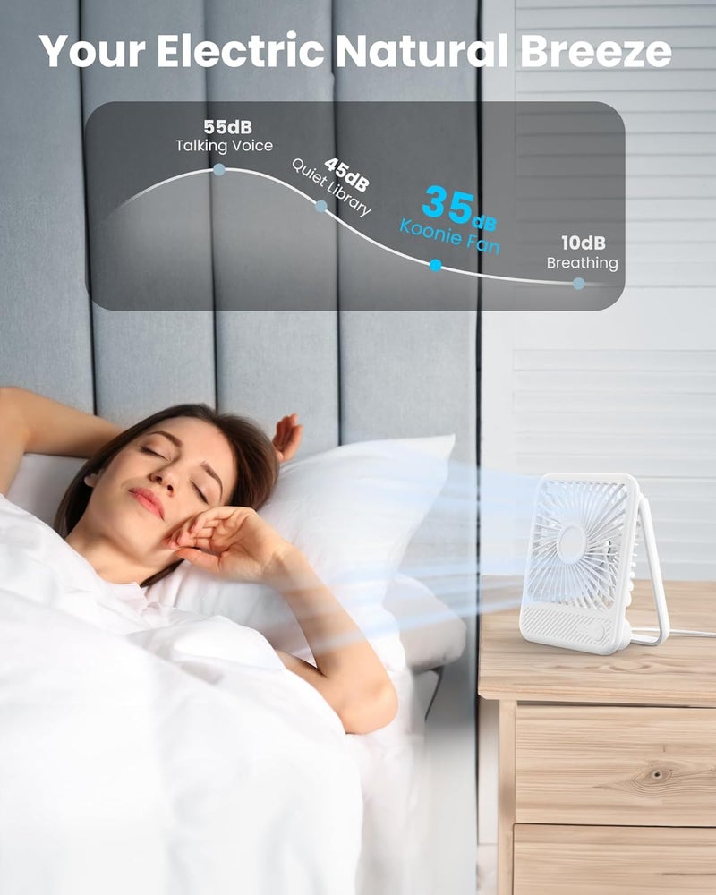 Koonie USB Desk Fan, Strong Wind Ultra Quiet Small Personal Fan with 180° Tilt Folding and 3 Speeds Adjustable, USB-C Corded Powered Mini USB Fan for Office Desktop Bedroom White - Image 5