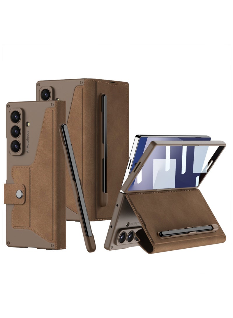For Samsung Galaxy Z Fold 7 Case, Built-in Screen Protector, with Removable Pen Holder (S-Pen Not Included), Classic Business Leather Full Body Flip Case - Image 1