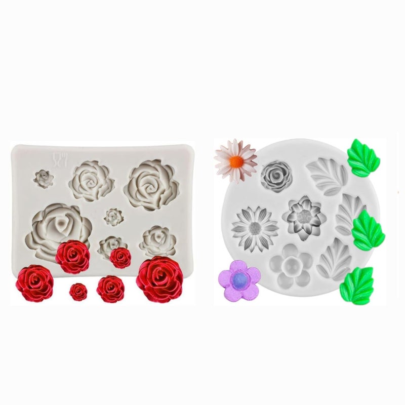 Husaini Mart 7 Cavity Rose 7 Cavity Daisy Flower Fondant Mould Chocolate Candy Cake Decoration Cupcake Topper Jelly Dessert Sugarcraft Gumpaste Clay Candle Wax Soap Resin Craft Jewelry Mold Pack of 2  - Image 1