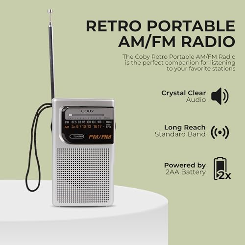 Coby Portable AM/FM Radio, Retro Pocket Radio for Indoor or Outdoor Use, Emergency-Preparedness Essential, 800-Hour Battery, Powerful Speakers, Integrated Antenna, Silver - Image 2