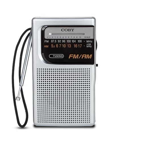 Coby Portable AM/FM Radio, Retro Pocket Radio for Indoor or Outdoor Use, Emergency-Preparedness Essential, 800-Hour Battery, Powerful Speakers, Integrated Antenna, Silver - Image 1