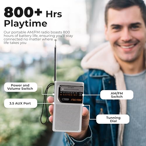 Coby Portable AM/FM Radio, Retro Pocket Radio for Indoor or Outdoor Use, Emergency-Preparedness Essential, 800-Hour Battery, Powerful Speakers, Integrated Antenna, Silver - Image 3