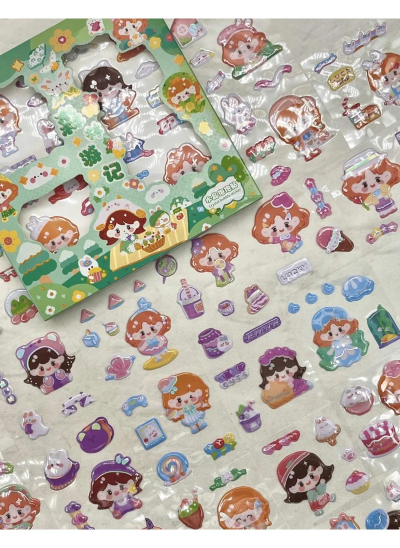 Kağıt Gemi Dükkan Cute Girl Picnic 3 Section 18 Leaf Green Box Embossed Sticker Set / Waterproof