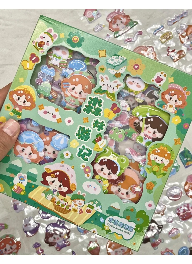 Kağıt Gemi Dükkan Cute Girl Picnic 3 Section 18 Leaf Green Box Embossed Sticker Set / Waterproof