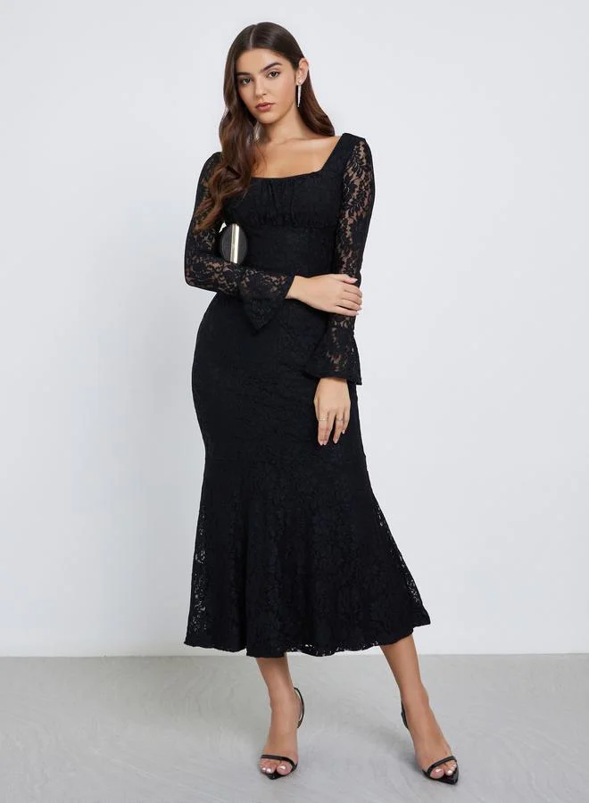 Black All Lace Mermaid Hem Midi Dress