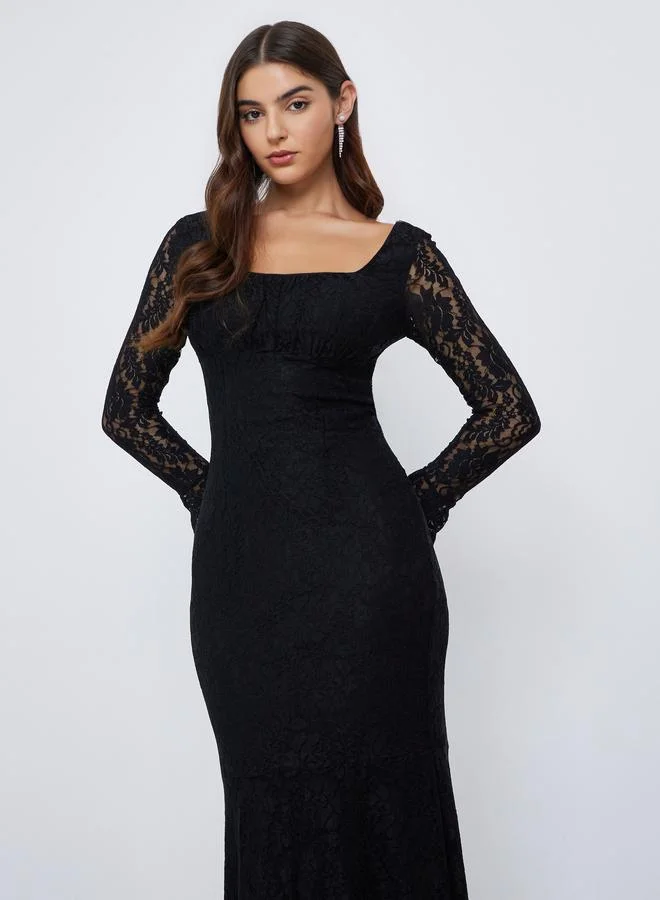 Styli Black Black All Lace Mermaid Hem Midi Dress for Women | Best Price UAE