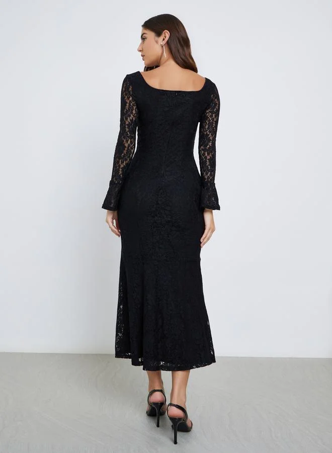 Styli Black Black All Lace Mermaid Hem Midi Dress for Women | Best Price UAE