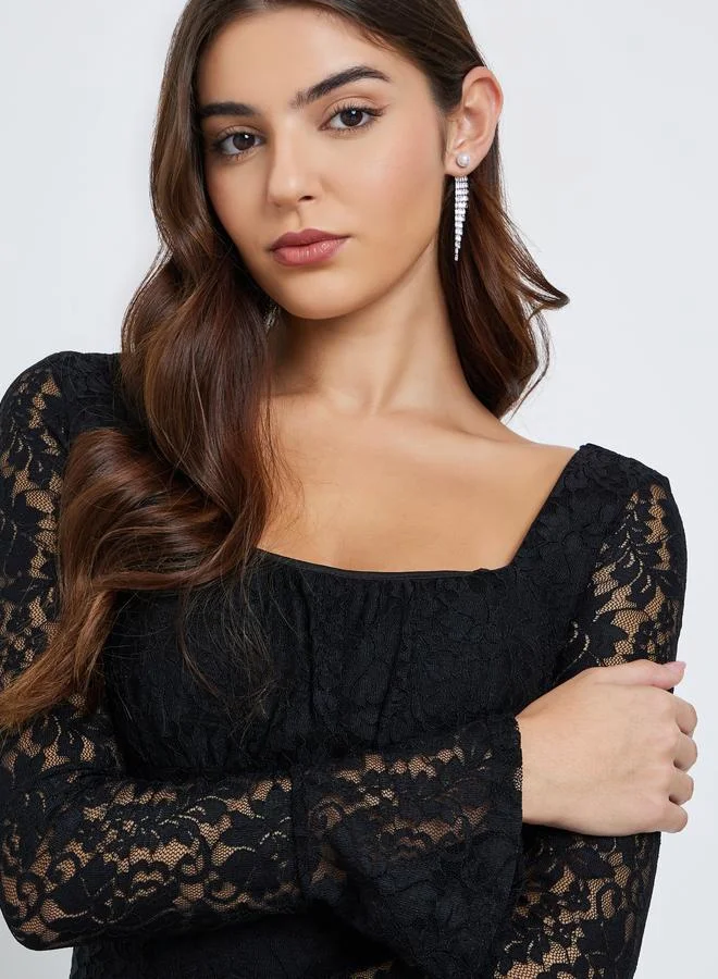 Styli Black Black All Lace Mermaid Hem Midi Dress for Women | Best Price UAE