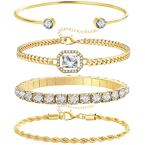 17IF 4 Pcs Dainty Golden Silver Bracelets Set for Women 14K Plated Link Cubic Zirconia Paperclip Stake Layering Chain Adjustable Trendy Hand Jewelry - Image 1