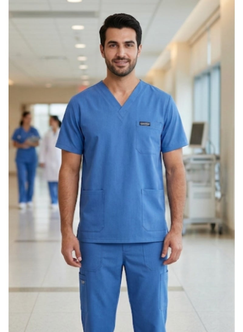 Men's Medical Scrub (Alhayah) - Blue - Size M - Short Sleeve - Comfortable and flexible medical uniform for doctors, nurses, and healthcare practitioners