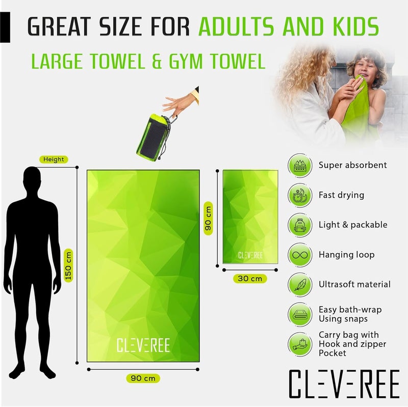 CLEVEREE Beach and Gym Towel for Men Women - Microfiber Swimming Pool Towel - Fast-Drying With Carry Bag - Extra Large 150x90 cm and 50x25 cm (Green Neon) - Image 3