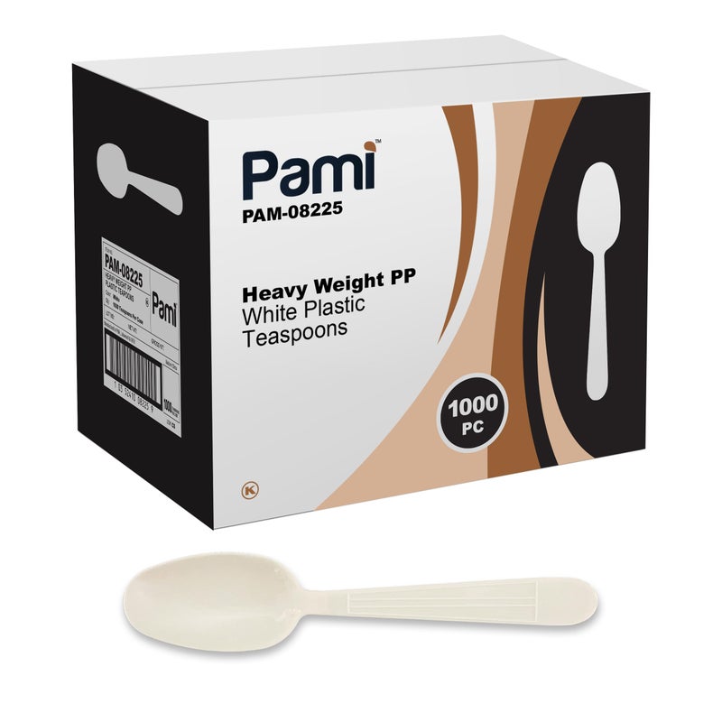 PAMI Heavy Weight Disposable Plastic Teaspoons 1000Pack  Bulk White Plastic Silverware For Parties Weddings Catering Food Stands Takeaway Orders  More HeavyDuty SingleUse Partyware Spoons