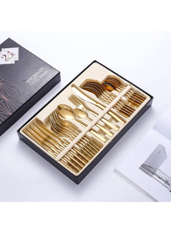 Stainless Steel Cutlery Set, 24-Piece Set of Golden Tableware Western-Style Kitchen Tableware, Serves 6 people