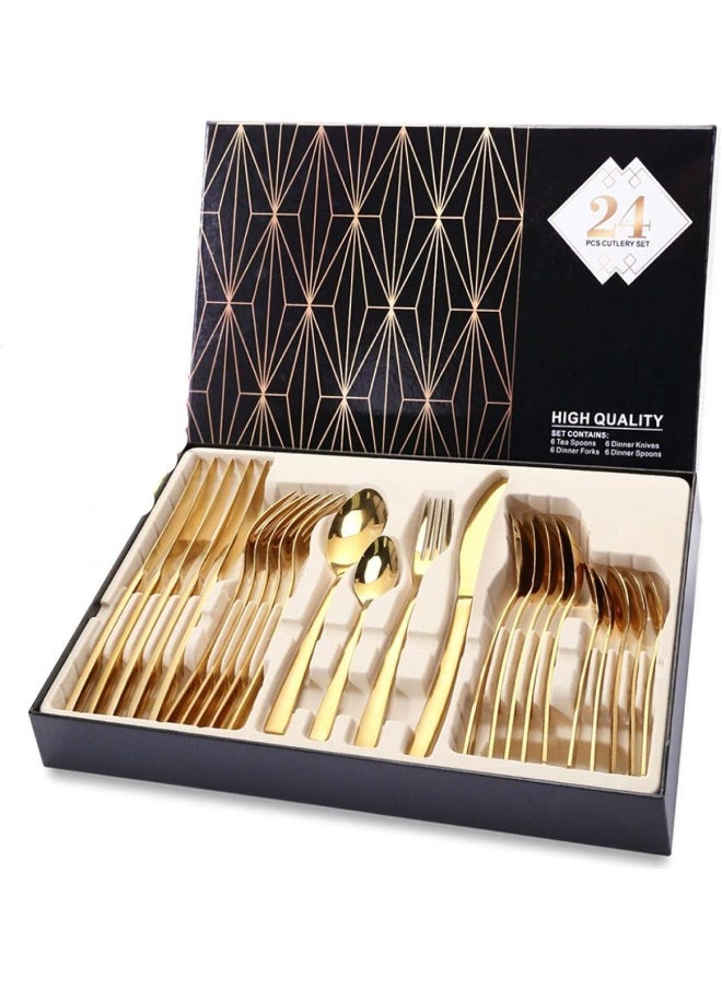 SKY-TOUCH Stainless Steel Cutlery Set, 24-Piece Set of Golden Tableware Western-Style Kitchen Tableware, Serves 6 people  - Image 1