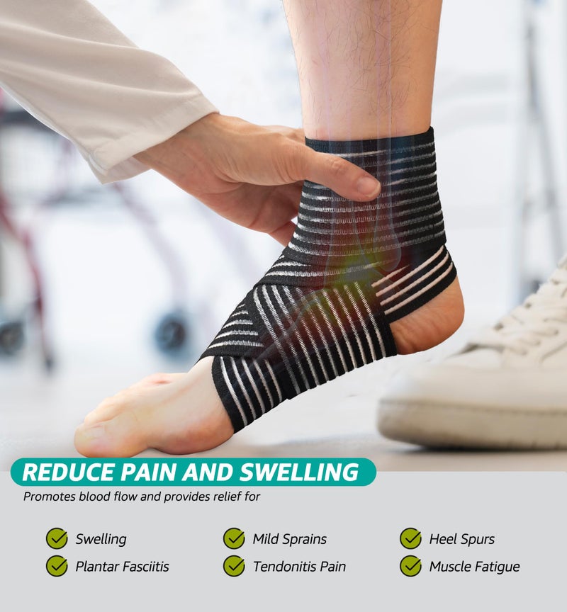 HiRui Foot & Ankle Brace 2 Pack, Adjustable Compression Wrap for Men & Women â€“ Helps with Sprains, Plantar Fasciitis, Achilles Tendonitis, Arthritis, Running, Sports, Gym â€“ Fits in Shoes (Black) - Image 2