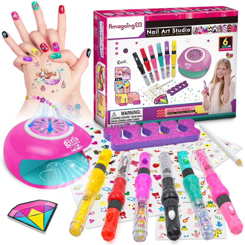 Amagoing Nail Art Studio for Girls Nail Polish Kit for Kids Age 612 Year Old 2 in 1 Nail Polish Nail Dryer Fashion Nail Decals Glitter Decoration Supplies Makeup Gift for Birthday Girly Spa - Image 2