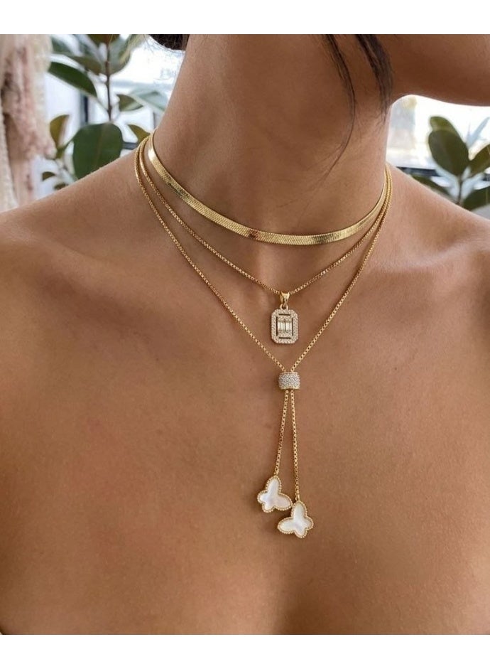 Shein Exquisite Three-Layer Women's Necklace Set Featuring a Flat Snake Chain, a Square Lazurde Zircon Pendant Chain, and a Drop Necklace with Delicate Butterfly Charms, Crafted from 316 Pure Stainless Steel, Waterproof and Free Size - Image 1