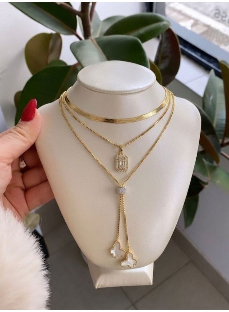 Shein Exquisite Three-Layer Women's Necklace Set Featuring a Flat Snake Chain, a Square Lazurde Zircon Pendant Chain, and a Drop Necklace with Delicate Butterfly Charms, Crafted from 316 Pure Stainless Steel, Waterproof and Free Size - Image 2