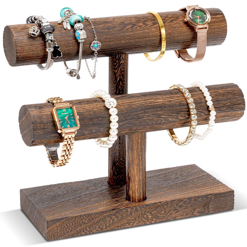 ProCase Bracelet Holder Display Bracelet Organizer, Wooden Bracelet Stand for Selling, T-bar Bangle Storage Rack Wood Watch Display Tower for Business - 2 Tier, Brown - Image 1