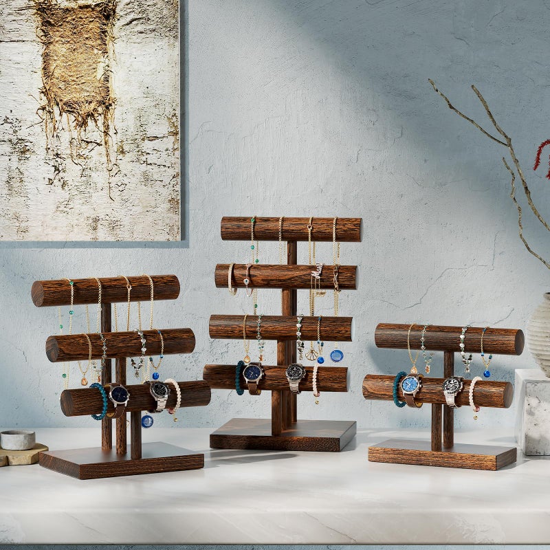 ProCase Bracelet Holder Display Bracelet Organizer, Wooden Bracelet Stand for Selling, T-bar Bangle Storage Rack Wood Watch Display Tower for Business - 2 Tier, Brown - Image 2