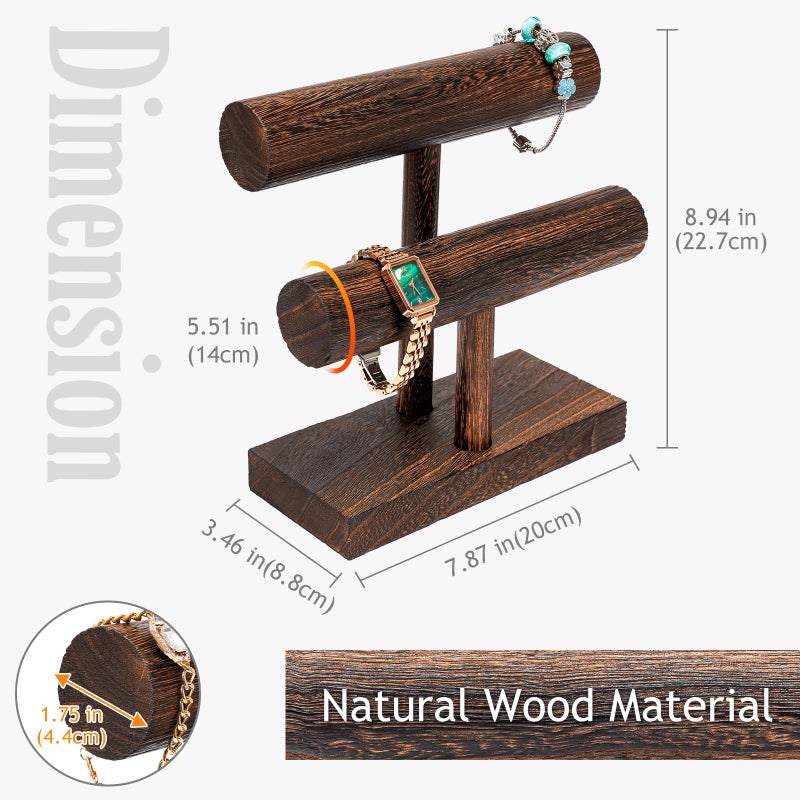 ProCase Bracelet Holder Display Bracelet Organizer, Wooden Bracelet Stand for Selling, T-bar Bangle Storage Rack Wood Watch Display Tower for Business - 2 Tier, Brown - Image 3